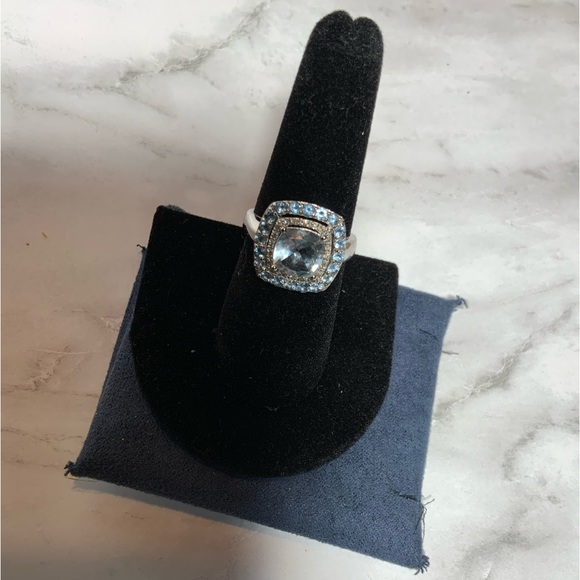 Stunning 10K Cushion-Cut Swiss Blue Topaz & Diamond Ring - Double Halo - Sz 6.75 - Picture 14 of 16